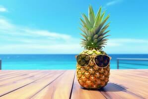 Summer concept cute Pineapple fruit with glasses on wooden table with beach background and clear blue sky. generative ai photo