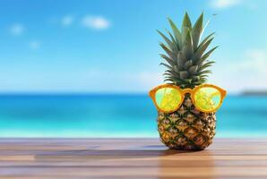 Summer concept cute Pineapple fruit with glasses on wooden table with beach background and clear blue sky. generative ai photo