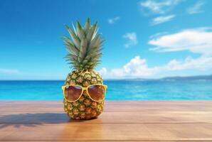 Summer concept cute Pineapple fruit with glasses on wooden table with beach background and clear blue sky. generative ai photo