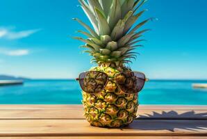 Summer concept cute Pineapple fruit with glasses on wooden table with beach background and clear blue sky. generative ai photo