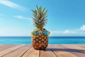 Summer concept cute Pineapple fruit with glasses on wooden table with beach background and clear blue sky. generative ai photo