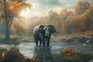 elephant in the river in the middle of the forest. generative ai photo