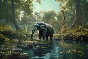 elephant in the river in the middle of the forest. generative ai photo