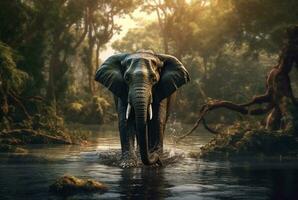 elephant in the river in the middle of the forest. generative ai photo