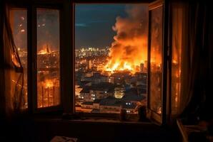 ciudad incendios visto desde hotel habitación ventana. generativo ai foto