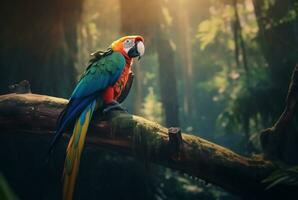 parrot on a wooden branch in the middle of the forest. generative ai photo