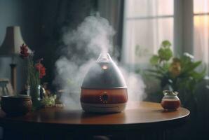 Modern air humidifier on table indoors. generative ai photo