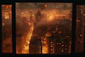 ciudad incendios visto desde hotel habitación ventana. generativo ai foto