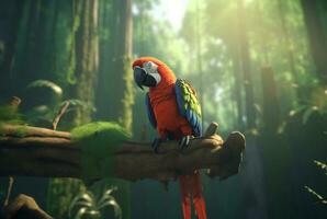 parrot on a wooden branch in the middle of the forest. generative ai photo