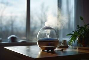 Modern air humidifier on table indoors. generative ai photo