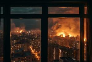 ciudad incendios visto desde hotel habitación ventana. generativo ai foto