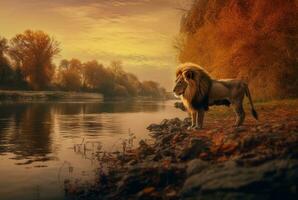 león en el río en el medio de el bosque. generativo ai foto