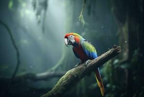 parrot on a wooden branch in the middle of the forest. generative ai photo
