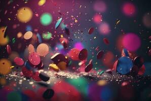 Colorful confetti in front of colorful background with Bokeh. Generative AI photo