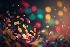 Colorful confetti in front of colorful background with Bokeh. Generative AI photo