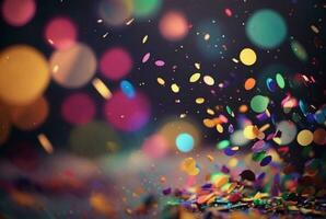 Colorful confetti in front of colorful background with Bokeh. Generative AI photo