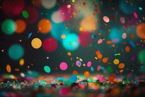 Colorful confetti in front of colorful background with Bokeh. Generative AI photo