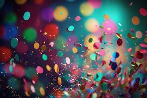 Colorful confetti in front of colorful background with Bokeh. Generative AI photo