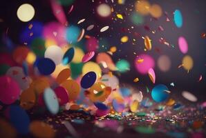 Colorful confetti in front of colorful background with Bokeh. Generative AI photo