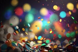 Colorful confetti in front of colorful background with Bokeh. Generative AI photo