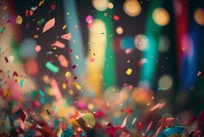 Colorful confetti in front of colorful background with Bokeh. Generative AI photo