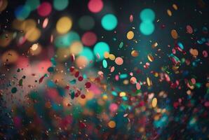 Colorful confetti in front of colorful background with Bokeh. Generative AI photo