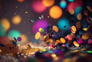 Colorful confetti in front of colorful background with Bokeh. Generative AI photo