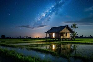 landscape view of a hut in the middle of a rice field with a milky way. long exposure photography. generative ai photo