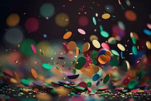 Colorful confetti in front of colorful background with Bokeh. Generative AI photo