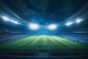 estadio en luces a noche. brillante luces, ver desde campo. generativo ai foto