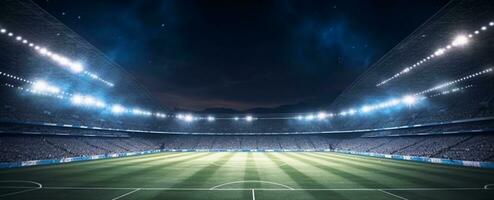 estadio en luces a noche. brillante luces, ver desde campo. generativo ai foto