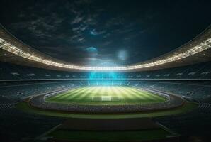 estadio en luces a noche. brillante luces, ver desde campo. generativo ai foto