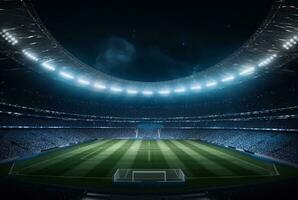 Stadium in lights at night. shiny lights, view from field. generative ai photo