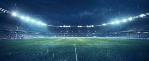 estadio en luces a noche. brillante luces, ver desde campo. generativo ai foto