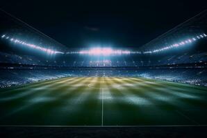 estadio en luces a noche. brillante luces, ver desde campo. generativo ai foto