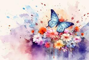 Beatiful Butterfly with flowers,watercolor drawing. generative ai photo