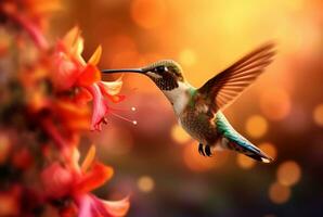Humming bird hovering over colorful, pollen filled flowers. Generative AI photo