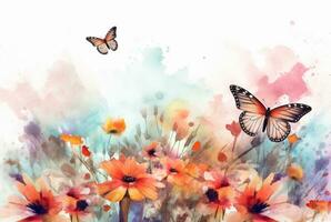 hermoso mariposa con flores, acuarela dibujo. generativo ai foto