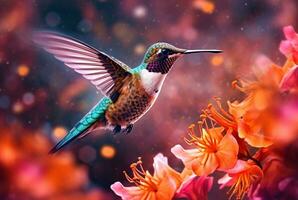 Humming bird hovering over colorful, pollen filled flowers. Generative AI photo