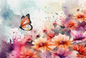 Beatiful Butterfly with flowers,watercolor drawing. generative ai photo
