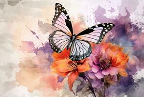 Beatiful Butterfly with flowers,watercolor drawing. generative ai photo