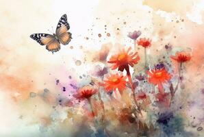 Beatiful Butterfly with flowers,watercolor drawing. generative ai photo