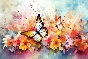 Beatiful Butterfly with flowers,watercolor drawing. generative ai photo