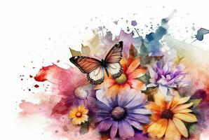 Beatiful Butterfly with flowers,watercolor drawing. generative ai photo