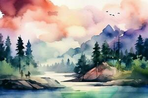 landscape watercolor background. Generative AI photo