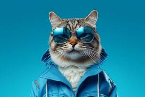 Cute cat wearing jacket and glasses isolated on blue background. generative ai photo