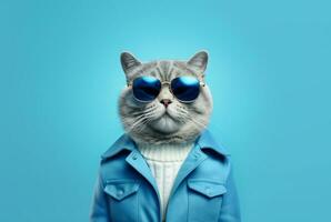 Cute cat wearing jacket and glasses isolated on blue background. generative ai photo