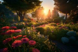 flor jardín con hermosa amanecer en el Mañana. generativo ai foto