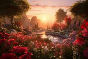 Flower garden with beautiful sunrise in the morning. generative ai photo