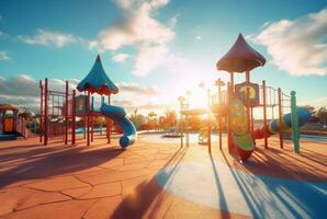 Children's recreation park with beautiful sunrise in the morning. generative ai photo